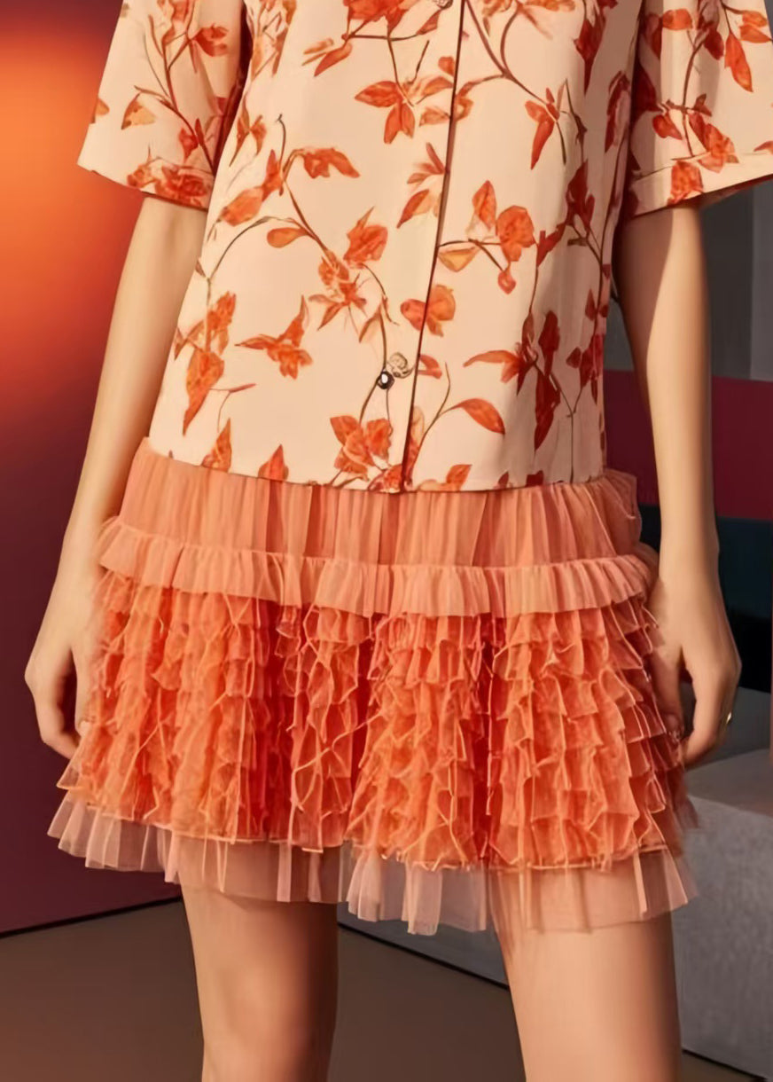 Plus Size Orange Print Patchwork Ruffled Chiffon Mini Dresses Summer