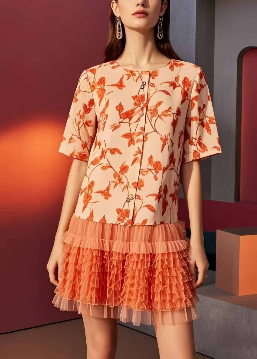 Plus Size Orange Print Patchwork Ruffled Chiffon Mini Dresses Summer