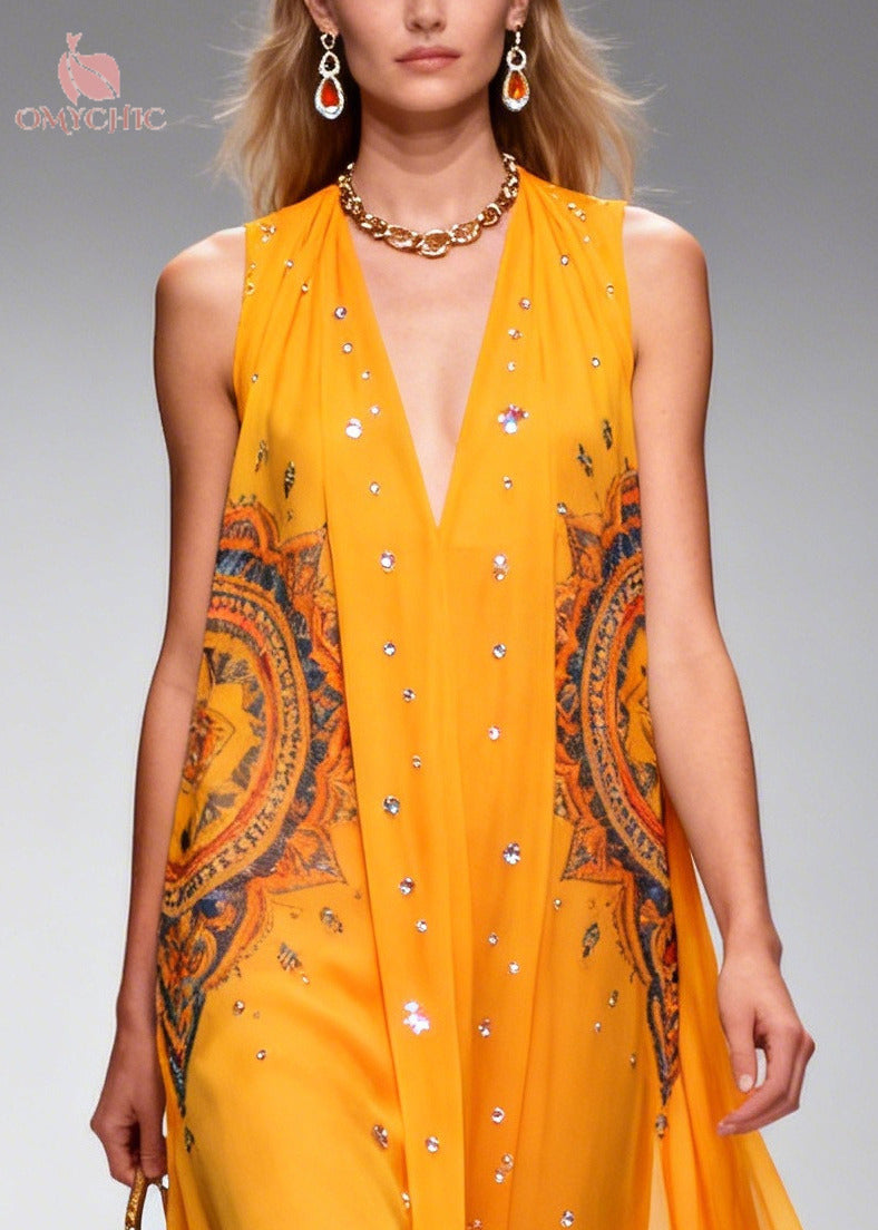 Plus Size Orange Print Rhinestone Sparkly Chiffon Holiday Dress Summer