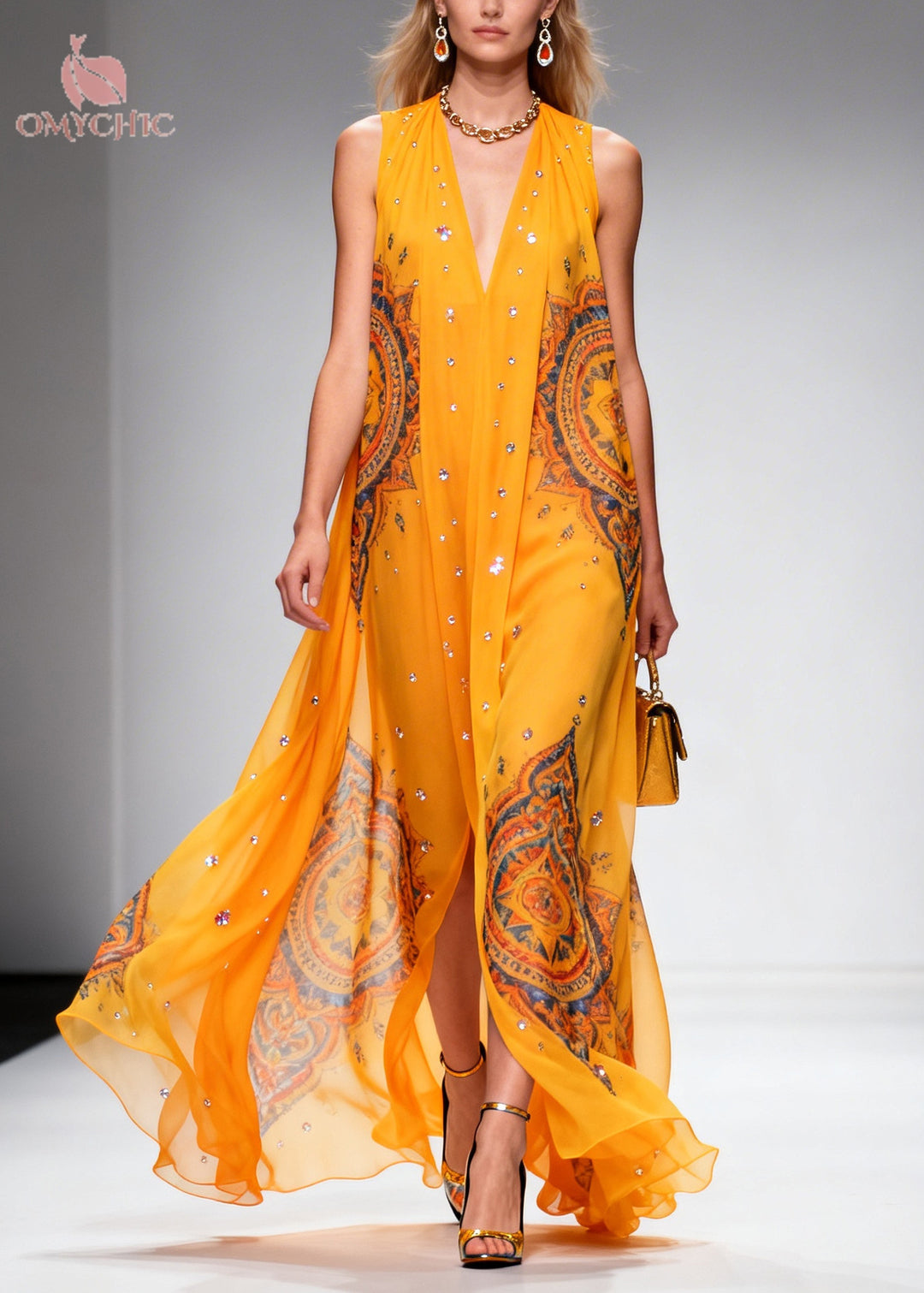 Plus Size Orange Print Rhinestone Sparkly Chiffon Holiday Dress Summer