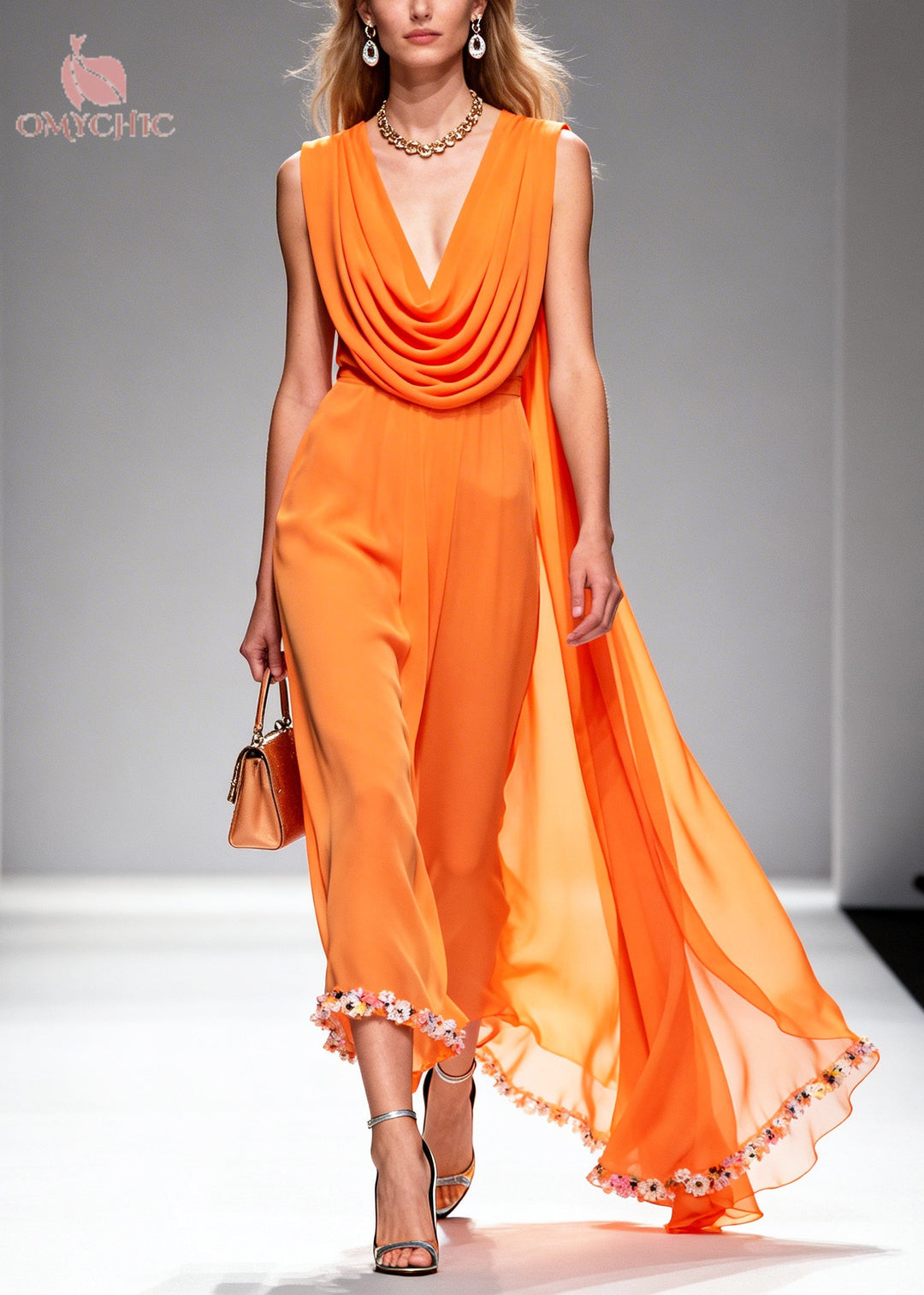 Plus Size Orange Turtle Neck Lace Patchwork Chiffon Dress Summer