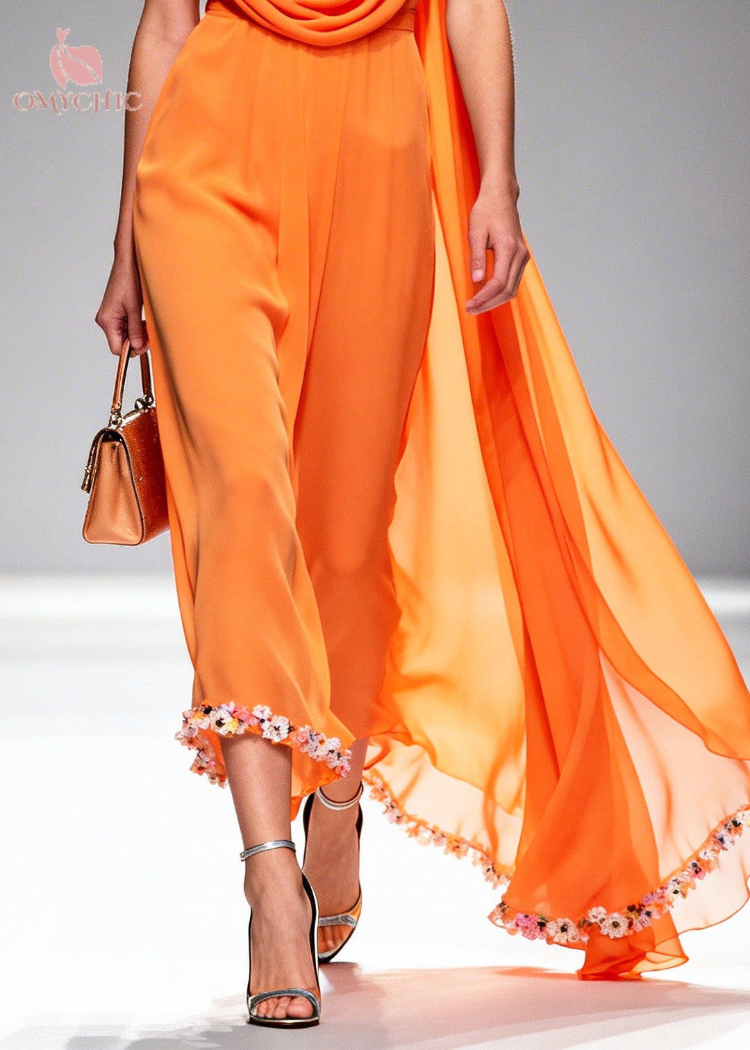 Plus Size Orange Turtle Neck Lace Patchwork Chiffon Dress Summer