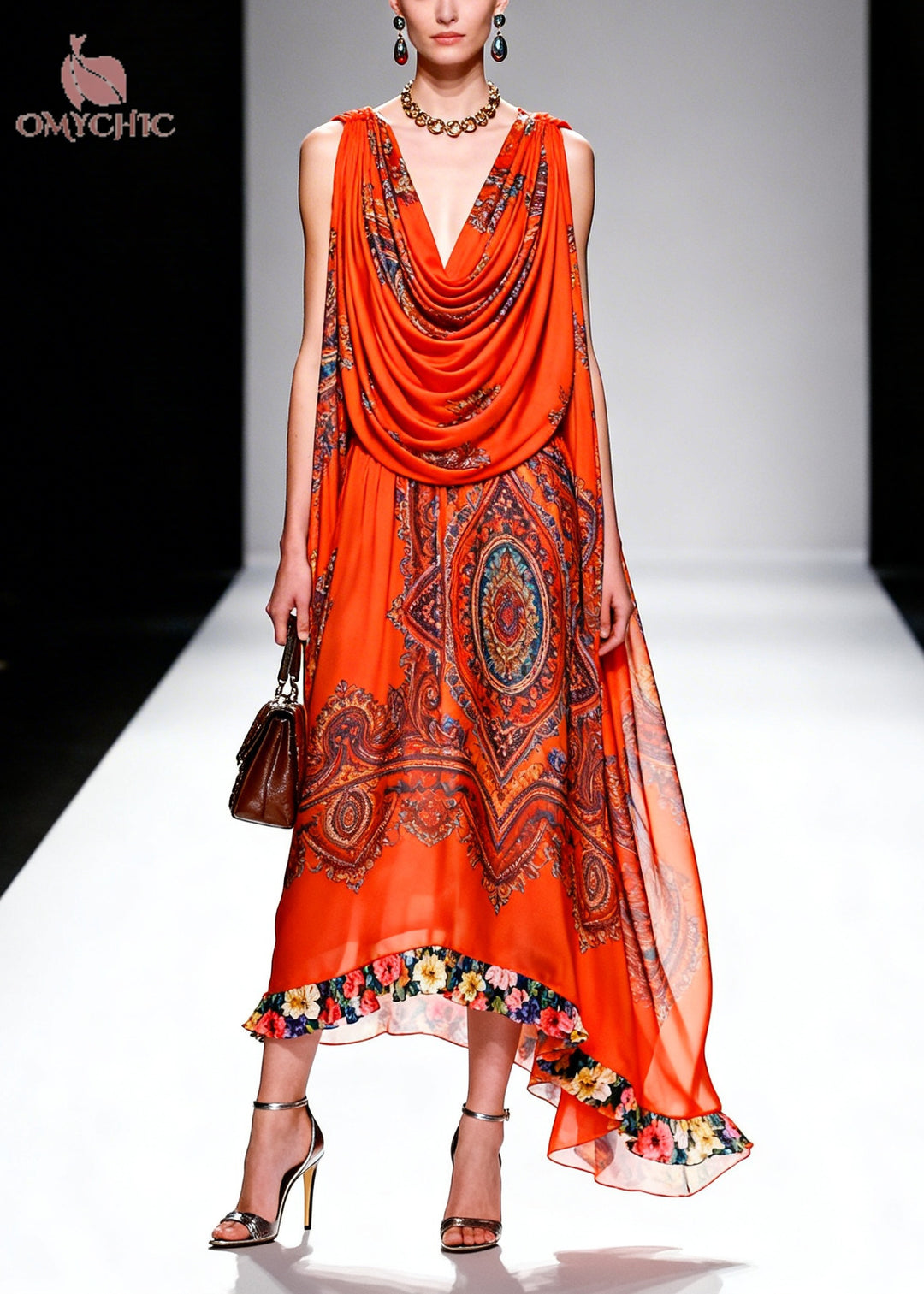 Plus Size Orange Turtle Neck Print Chiffon Robe Dresses Summer