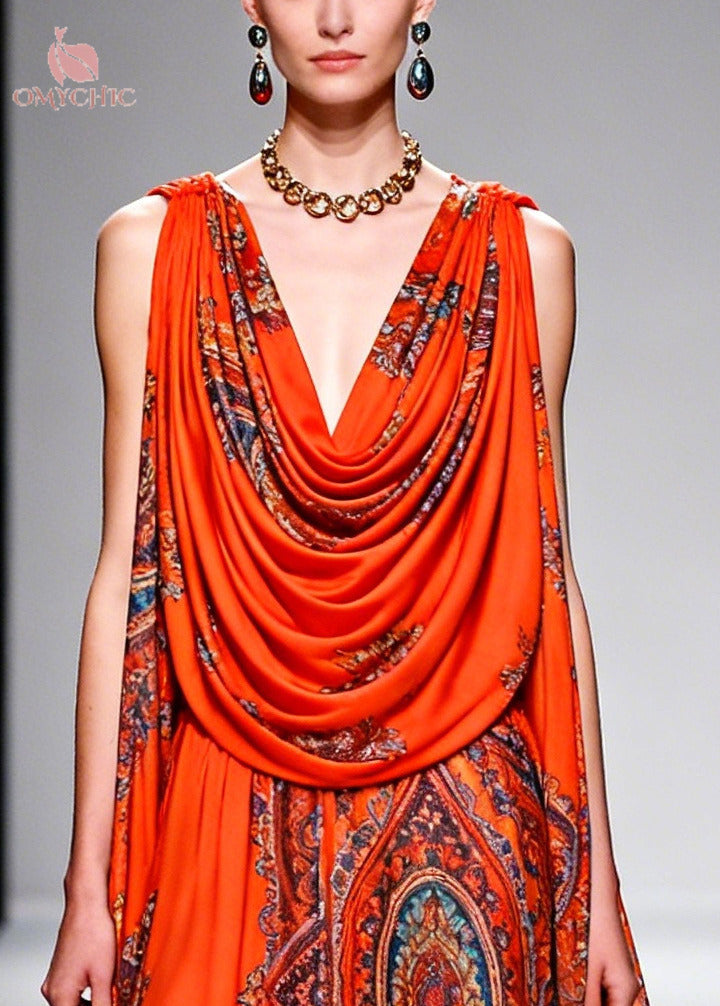 Plus Size Orange Turtle Neck Print Chiffon Robe Dresses Summer