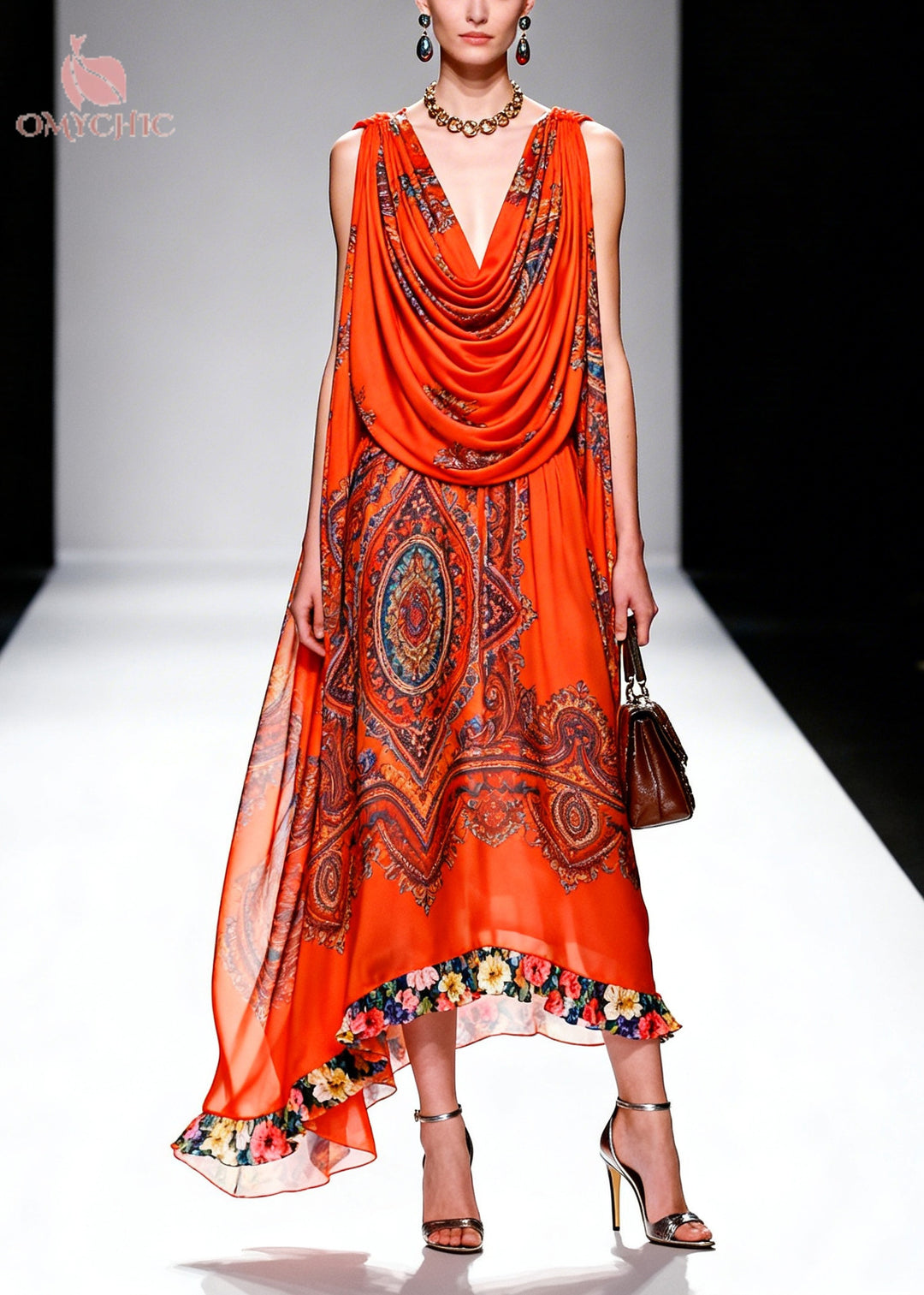 Plus Size Orange Turtle Neck Print Chiffon Robe Dresses Summer