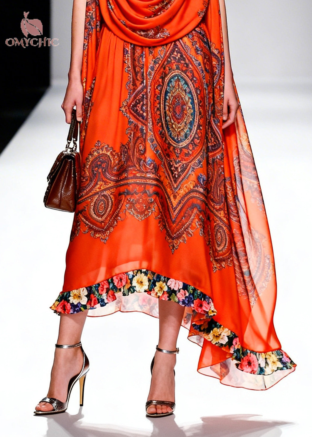 Plus Size Orange Turtle Neck Print Chiffon Robe Dresses Summer