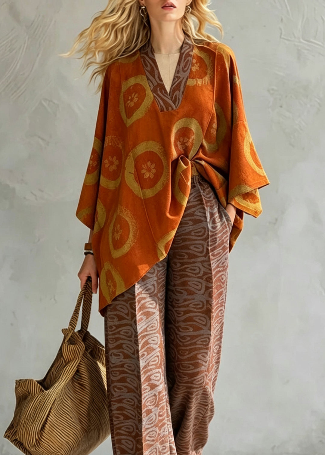 Plus Size Orange V Neck Print Cotton Two Pieces Set Batwing Sleeve
