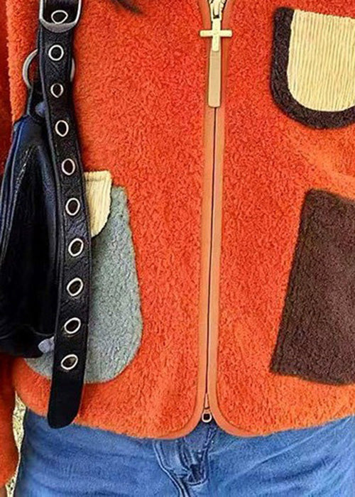 Plus Size Orange Zip Up Pockets Faux Fur Jacket Spring