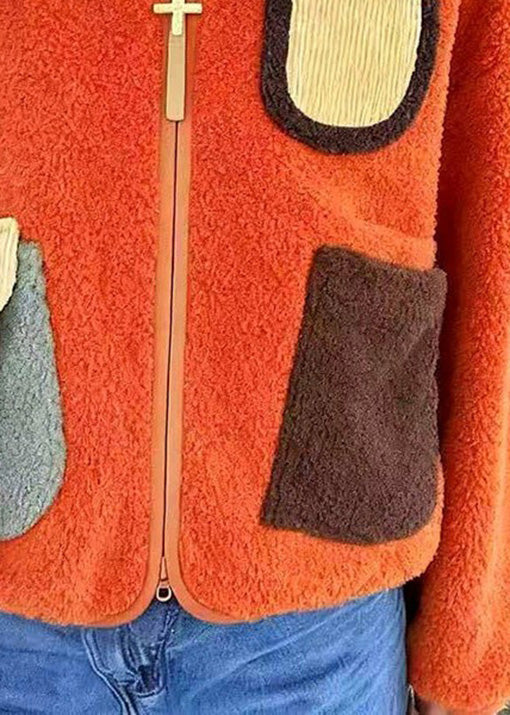 Plus Size Orange Zip Up Pockets Faux Fur Jacket Spring