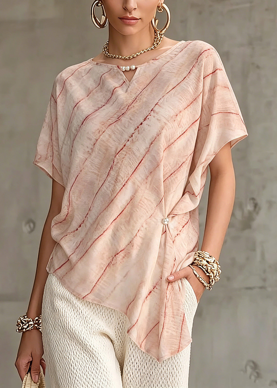 Plus Size Pink Asymmetrical Striped Chiffon Tops Short Sleeve