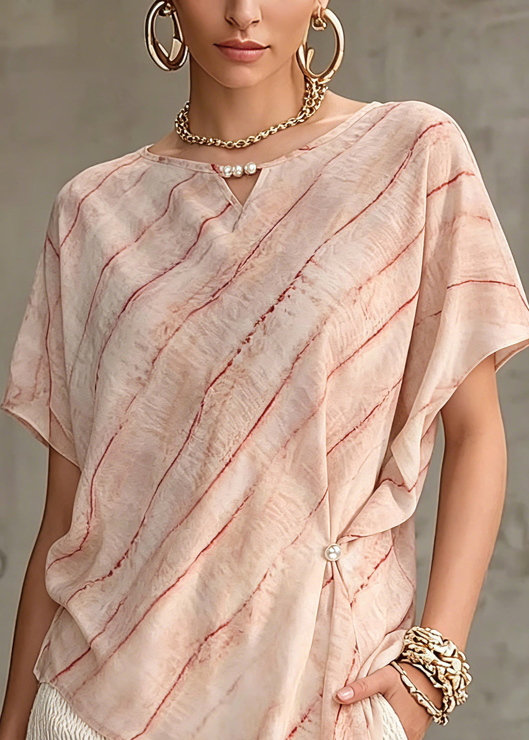 Plus Size Pink Asymmetrical Striped Chiffon Tops Short Sleeve