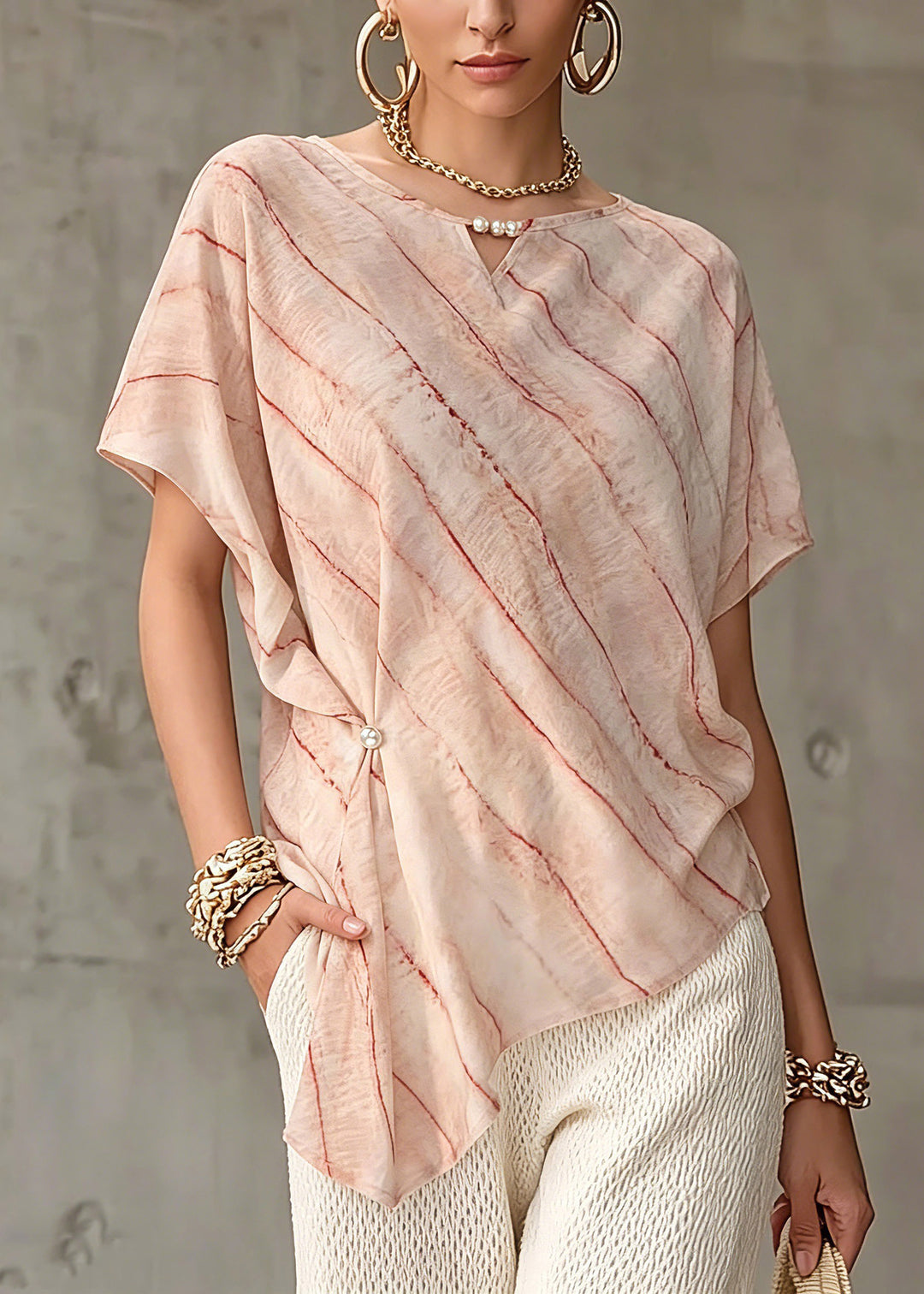 Plus Size Pink Asymmetrical Striped Chiffon Tops Short Sleeve