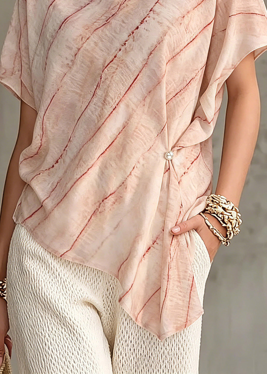 Plus Size Pink Asymmetrical Striped Chiffon Tops Short Sleeve