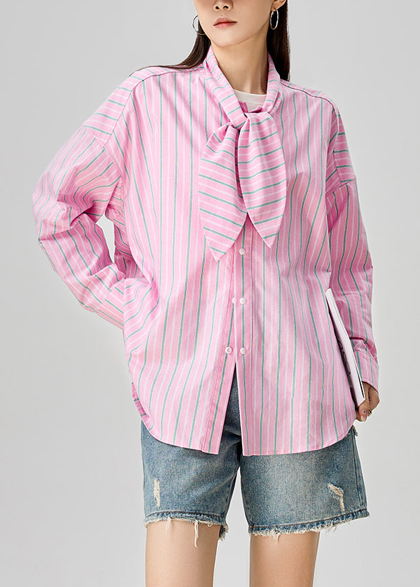 Plus Size Pink Bow Striped Button Cotton Blouse Fall
