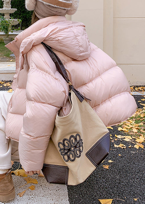 Plus Size Pink Hooded Zippered Pockets Duck Down Down Coat Winter