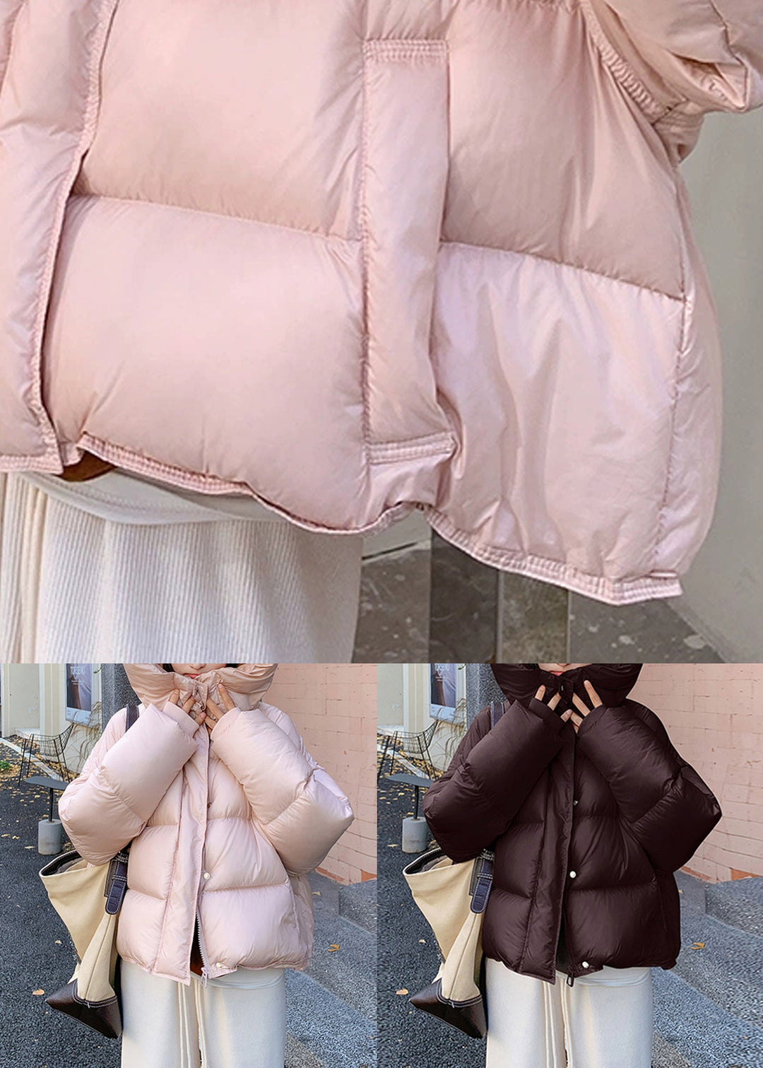 Plus Size Pink Hooded Zippered Pockets Duck Down Down Coat Winter