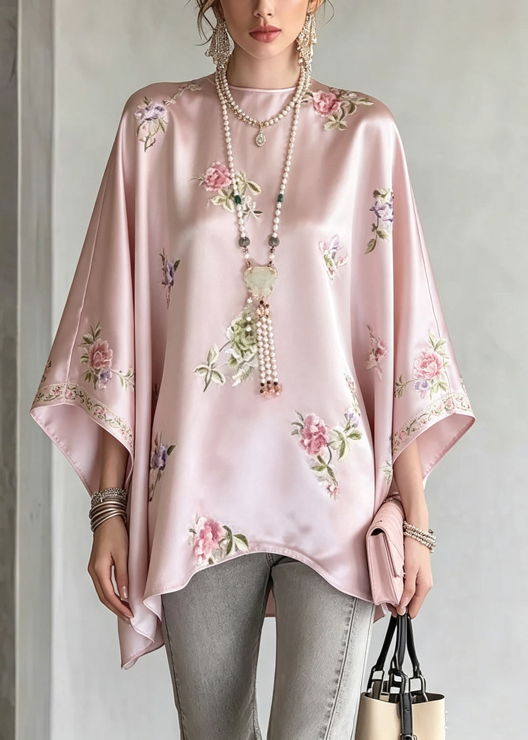 Plus Size Pink O-Neck Print Shirt Tops Fall