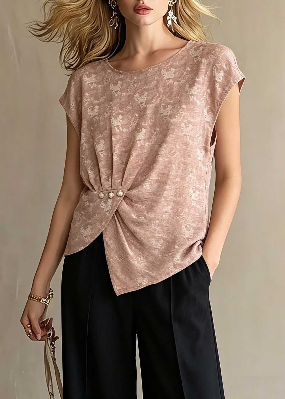 Plus Size Pink O-Neck Print T Shirt Short Sleeve