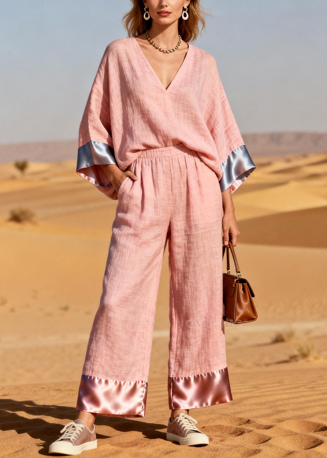 Plus Size Pink Oversized Patchwork Linen Silk Two Pieces Set Spring