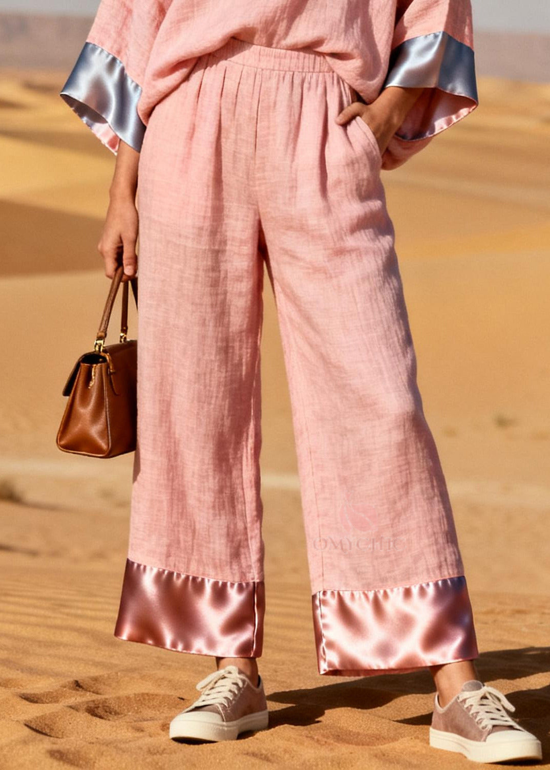 Plus Size Pink Oversized Patchwork Linen Silk Two Pieces Set Spring