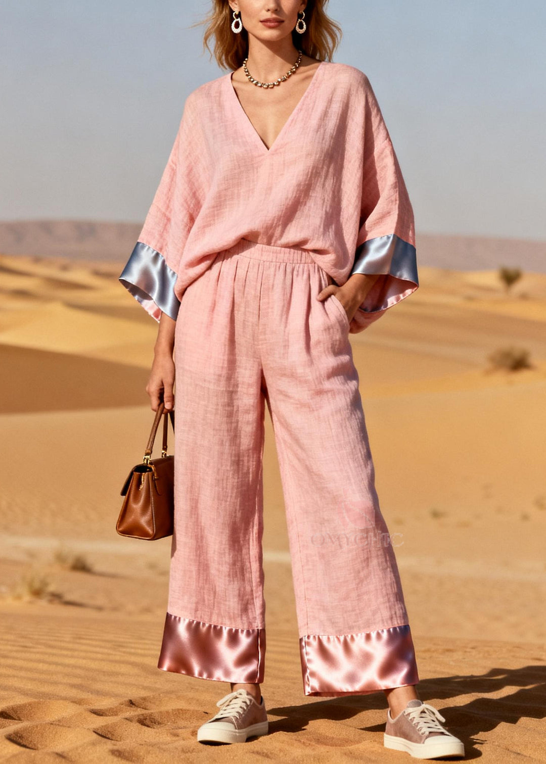 Plus Size Pink Oversized Patchwork Linen Silk Two Pieces Set Spring