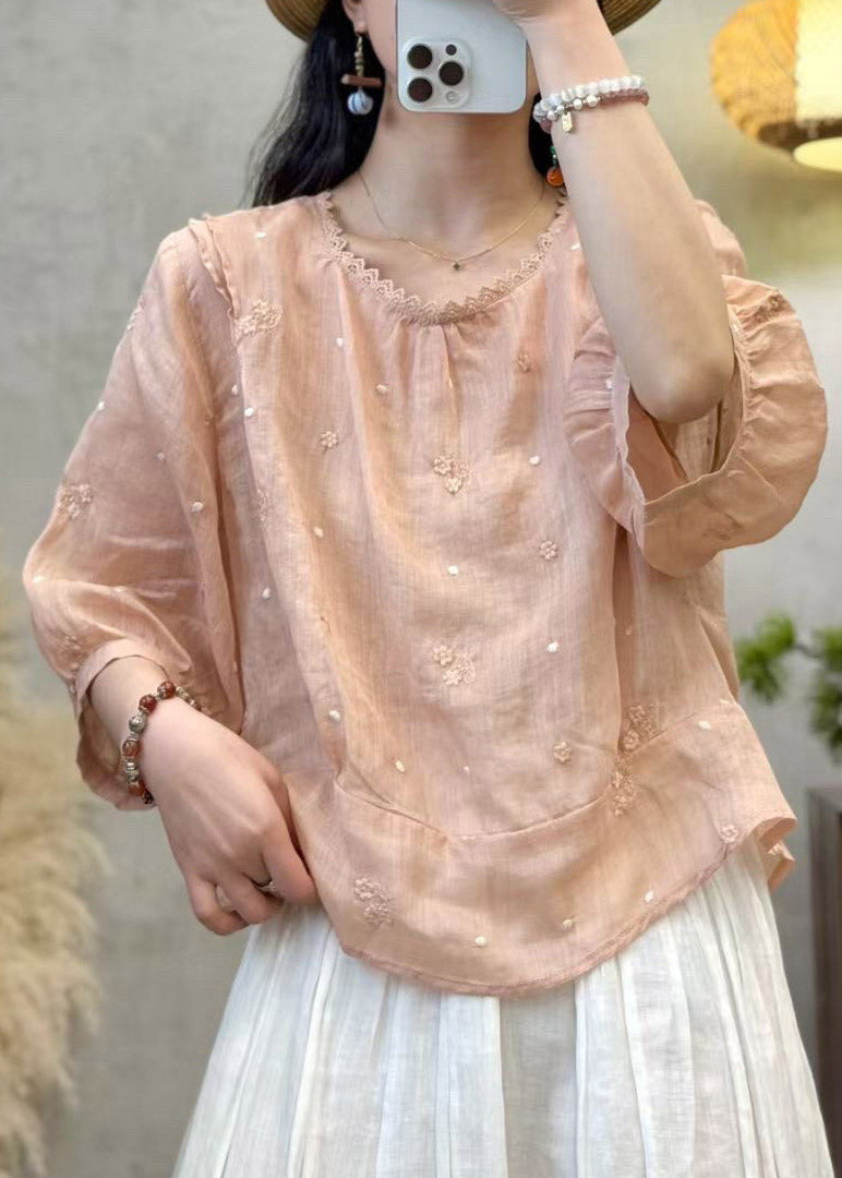 Plus Size Pink Patchwork Linen Shirts Embroidered Floral Summer