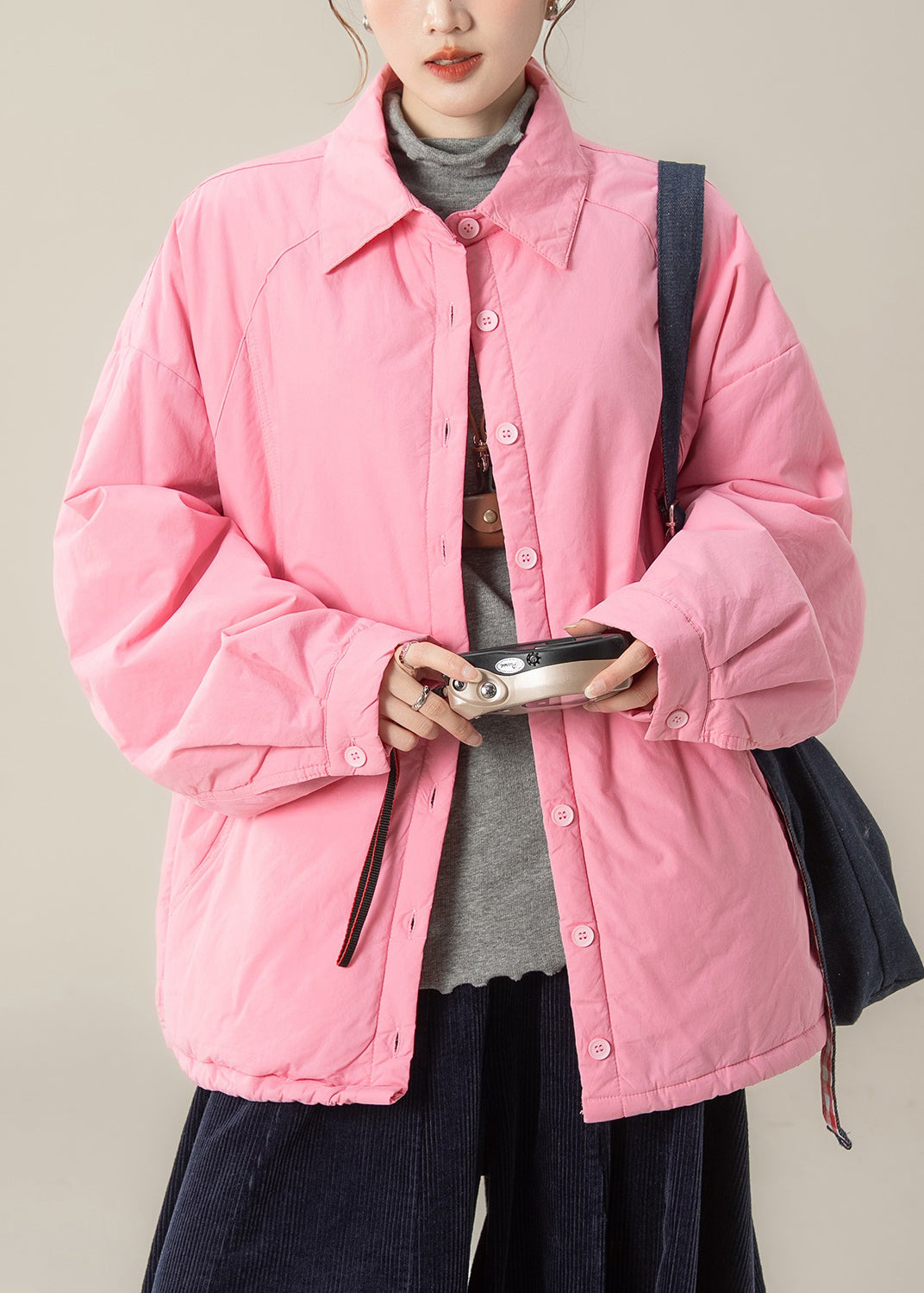 Plus Size Pink Peter Pan Collar Pockets Cotton Filled Shirts Coats Winter