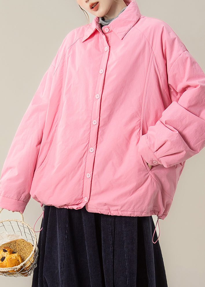 Plus Size Pink Peter Pan Collar Pockets Cotton Filled Shirts Coats Winter