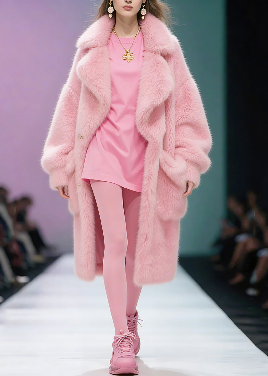 Plus Size Pink Peter Pan Collar Pockets Patchwork Fuzzy Fur Fluffy Coat Winter