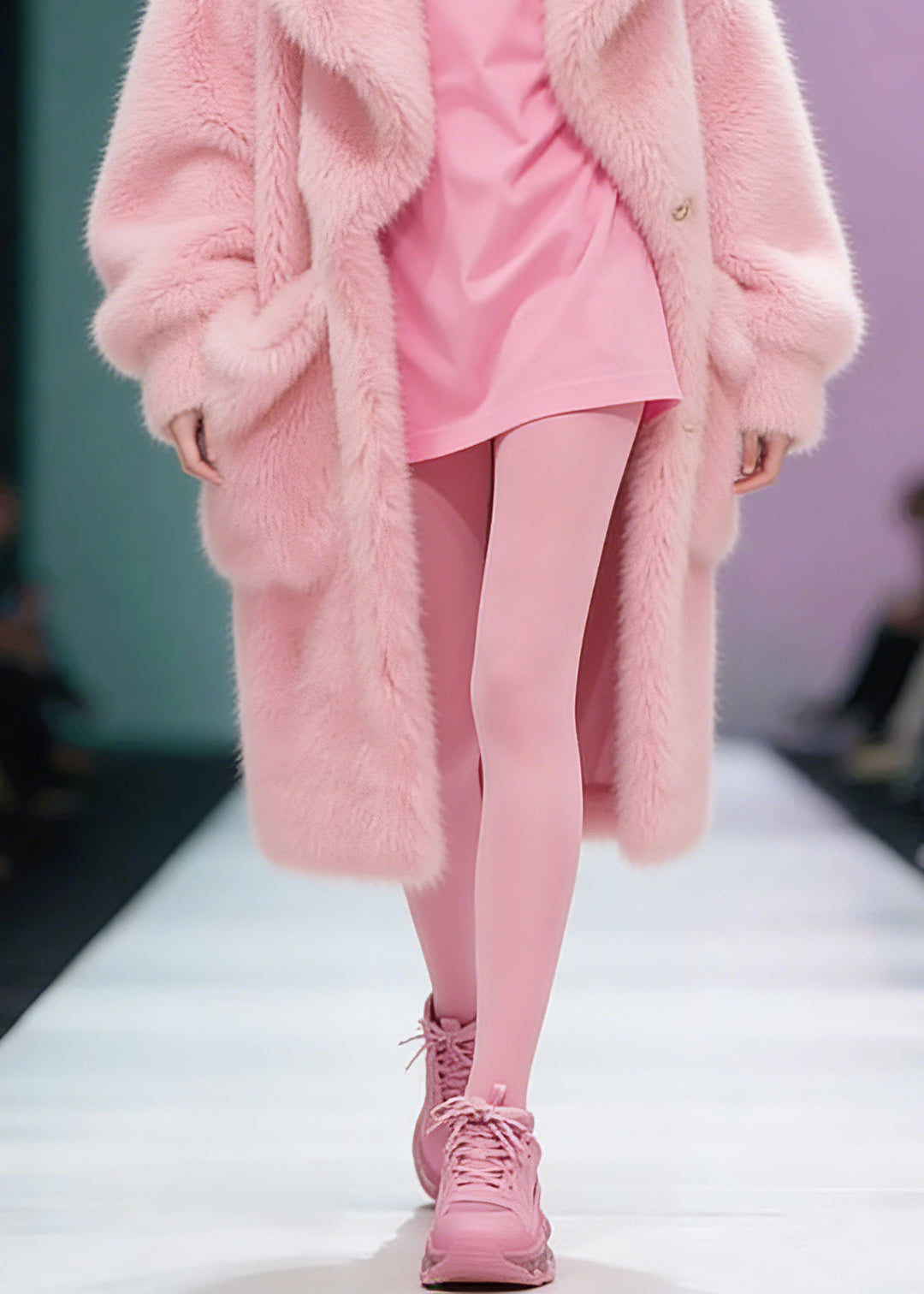 Plus Size Pink Peter Pan Collar Pockets Patchwork Fuzzy Fur Fluffy Coat Winter