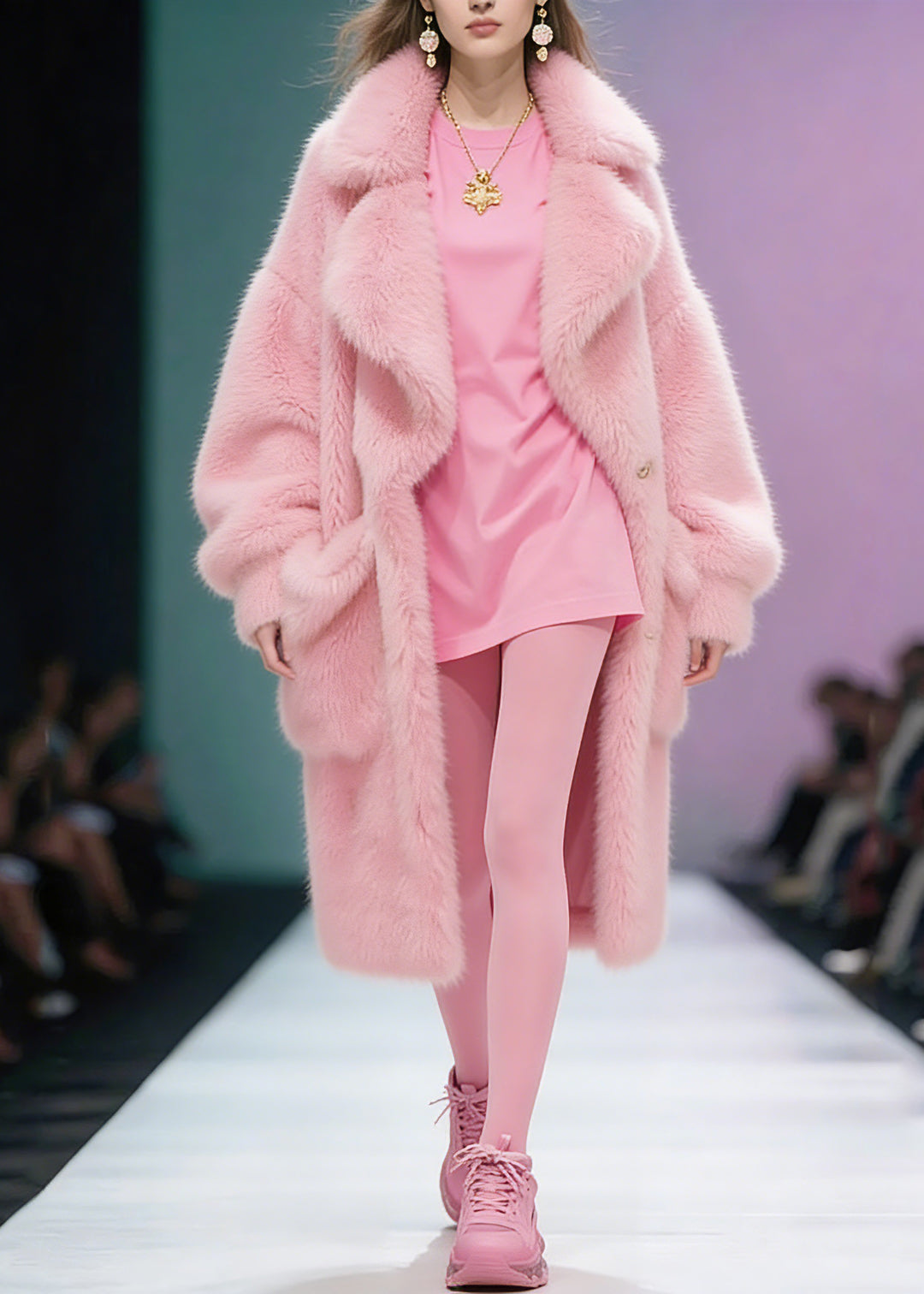 Plus Size Pink Peter Pan Collar Pockets Patchwork Fuzzy Fur Fluffy Coat Winter