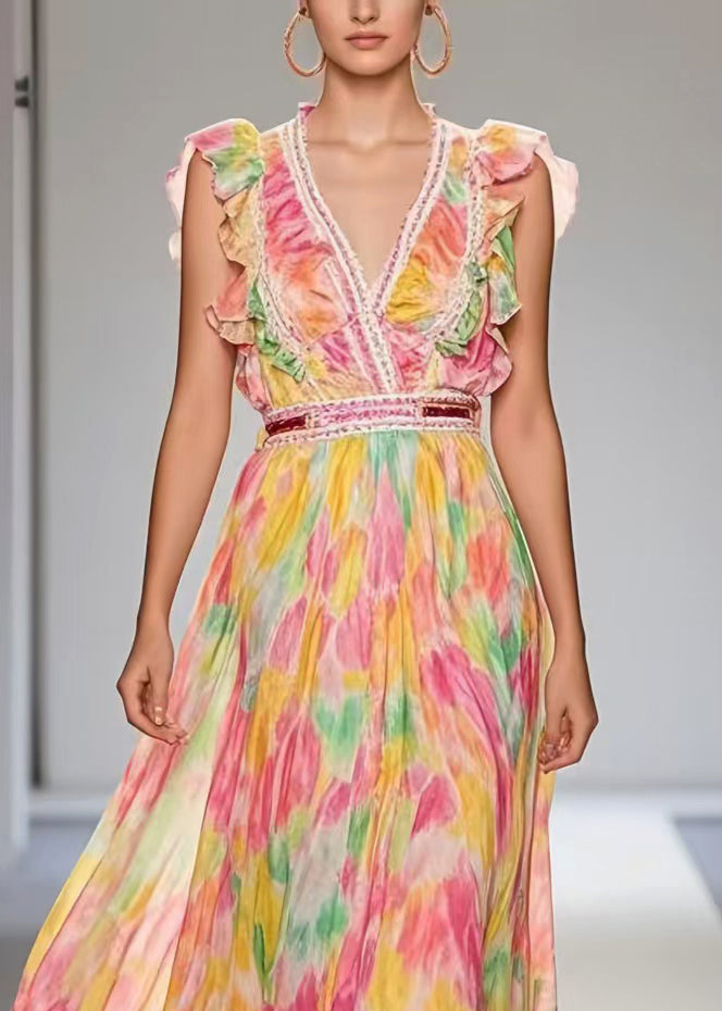 Plus Size Pink Ruffled Print Exra Large Hem Chiffon Party Dress Sleeveless