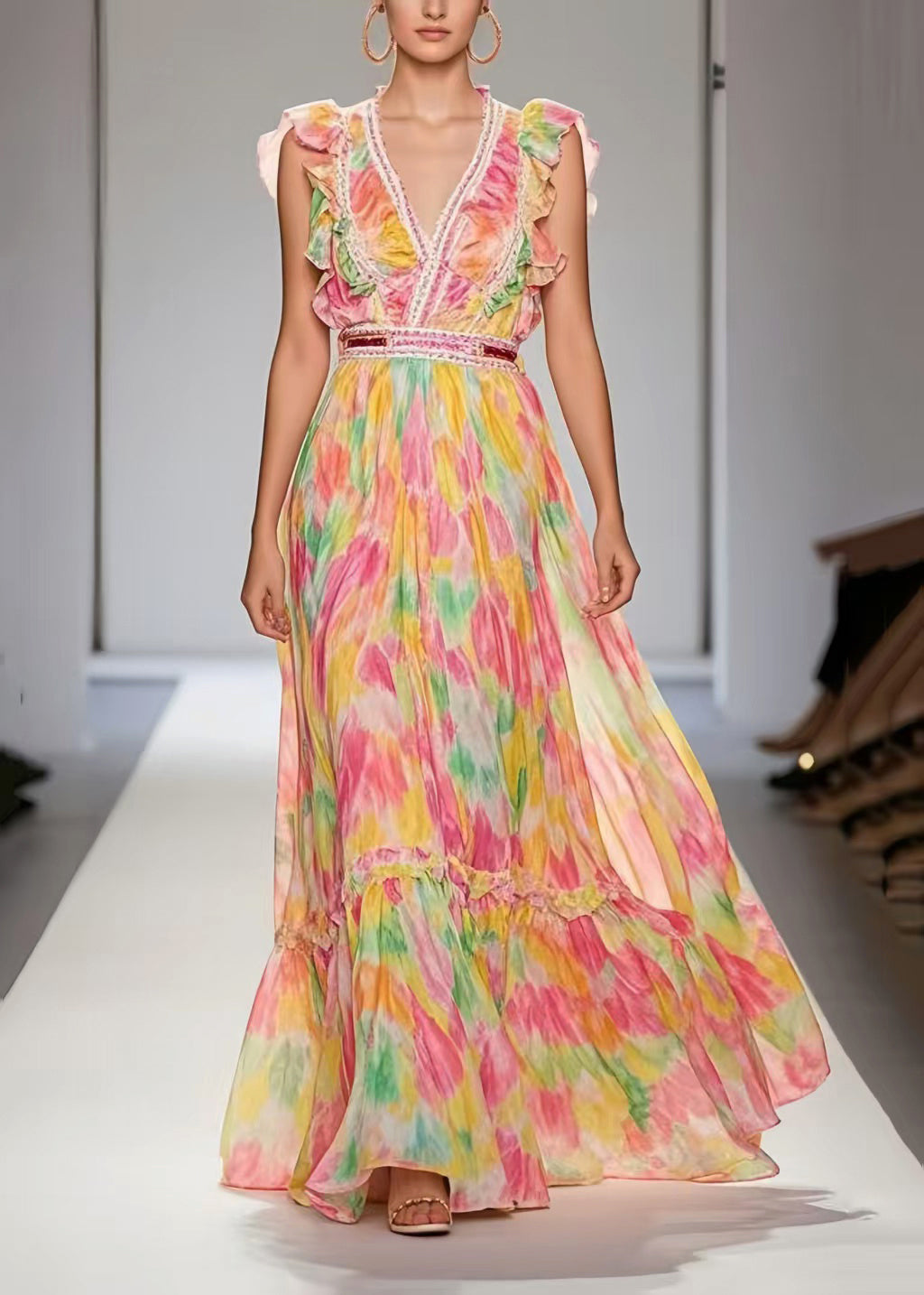 Plus Size Pink Ruffled Print Exra Large Hem Chiffon Party Dress Sleeveless