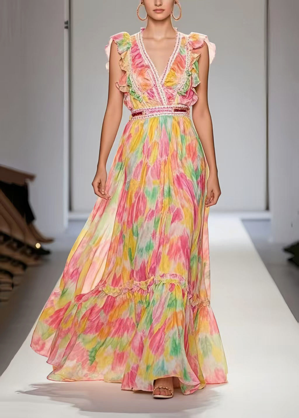 Plus Size Pink Ruffled Print Exra Large Hem Chiffon Party Dress Sleeveless