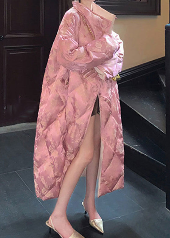 Plus Size Pink Stand Collar Print Cotton Filled Long Parka Winter