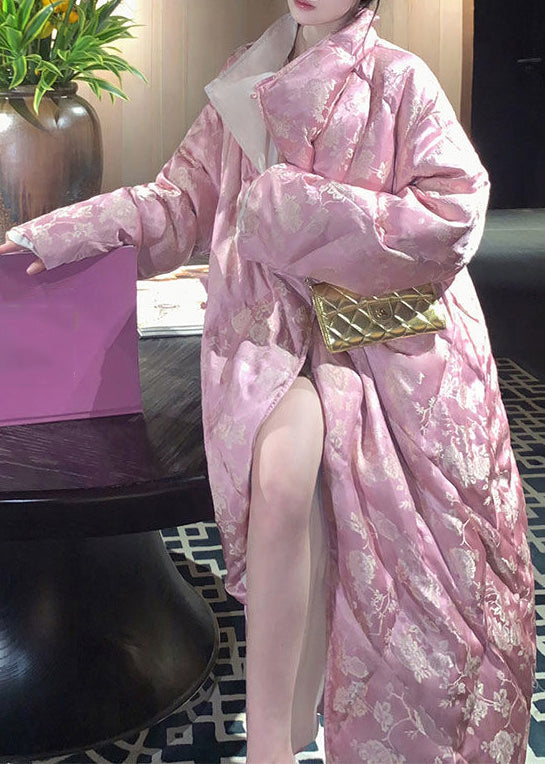 Plus Size Pink Stand Collar Print Cotton Filled Long Parka Winter