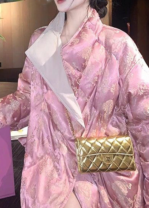 Plus Size Pink Stand Collar Print Cotton Filled Long Parka Winter