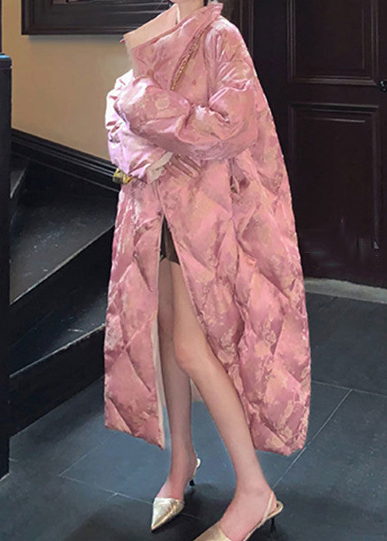 Plus Size Pink Stand Collar Print Cotton Filled Long Parka Winter