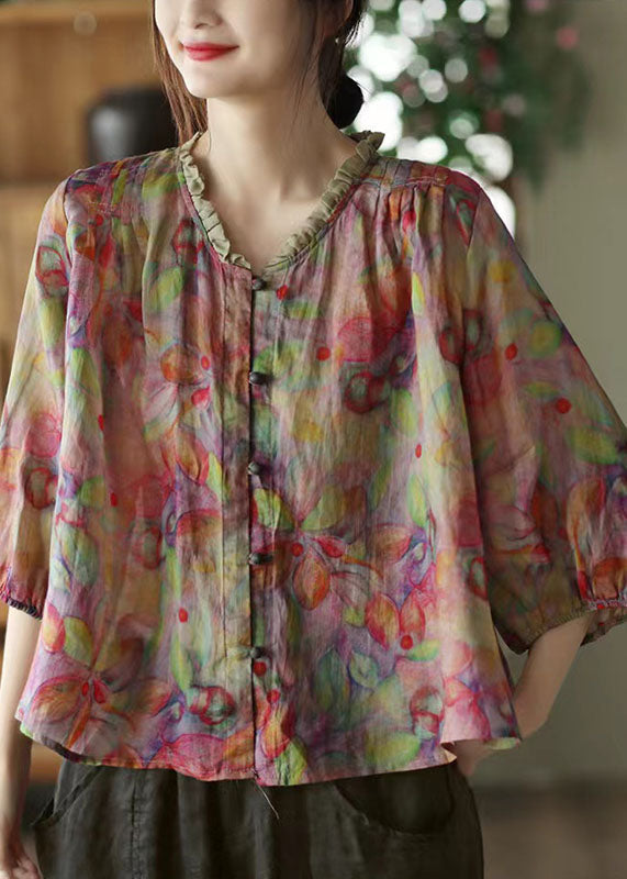 Loose Pink V Neck Ruffled Print Linen Blouse Top