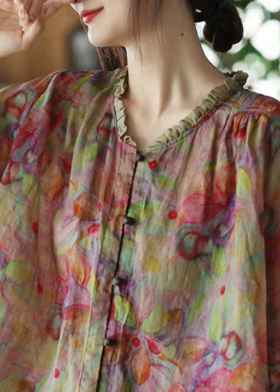 Loose Pink V Neck Ruffled Print Linen Blouse Top