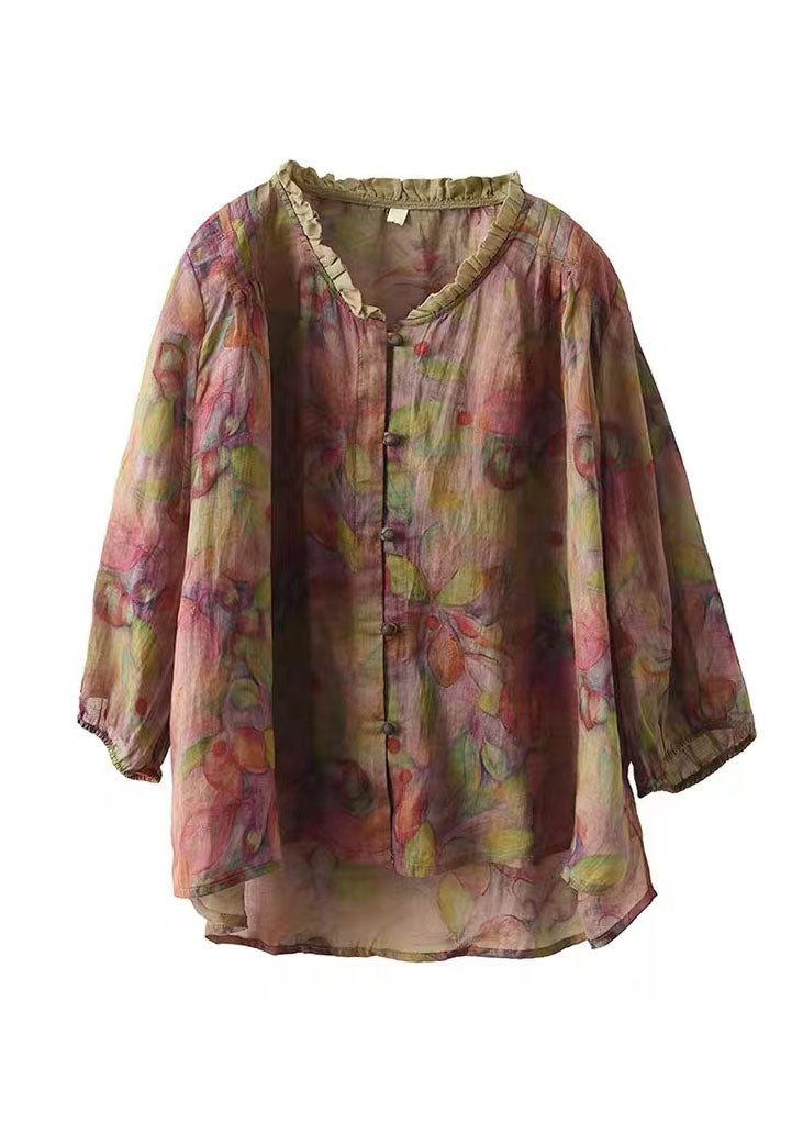 Loose Pink V Neck Ruffled Print Linen Blouse Top