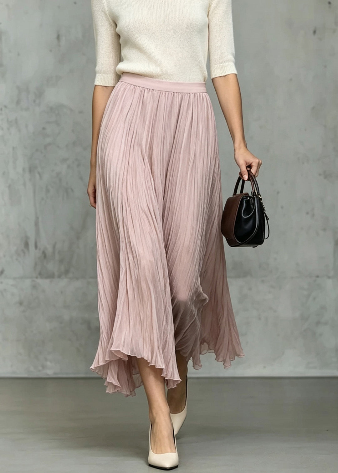 Plus Size Pink Wrinkled Elastic Waist Silk Skirt Fall