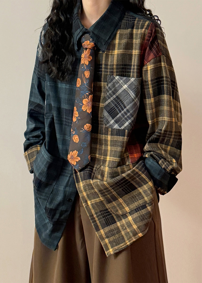 Plus Size Plaid Asymmetrical Pockets Patchwork Cotton Shirt Spring