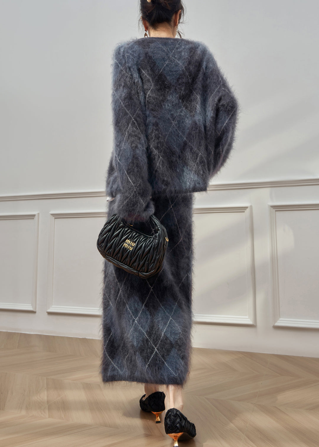 Plus Size Plaid O Neck Cweaters And Skirts Ma Hai Mao Two Pieces Set Winter