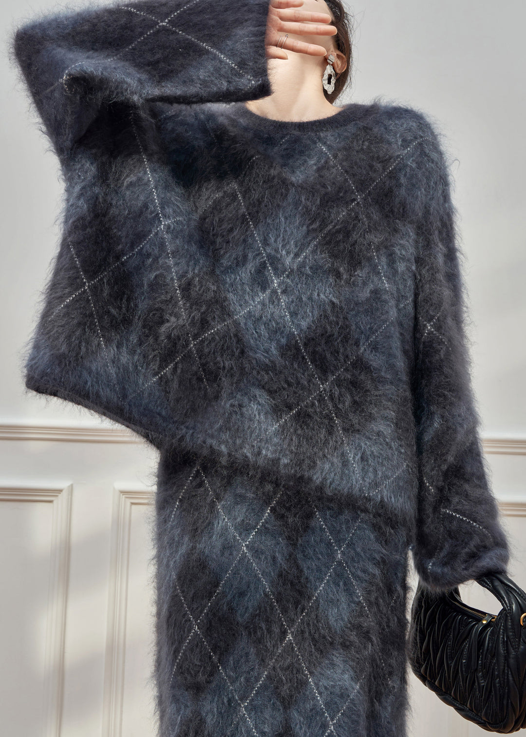 Plus Size Plaid O Neck Cweaters And Skirts Ma Hai Mao Two Pieces Set Winter