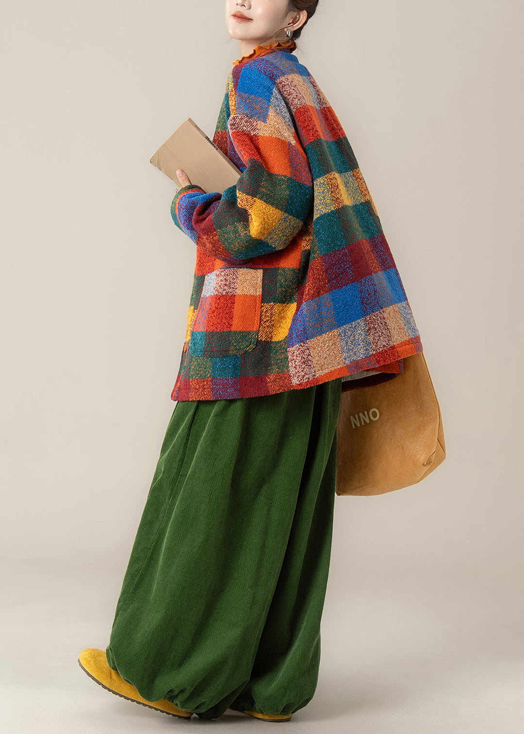 Plus Size Plaid Pockets Woolen Coat And Green Pants Two Pieces Set Winter