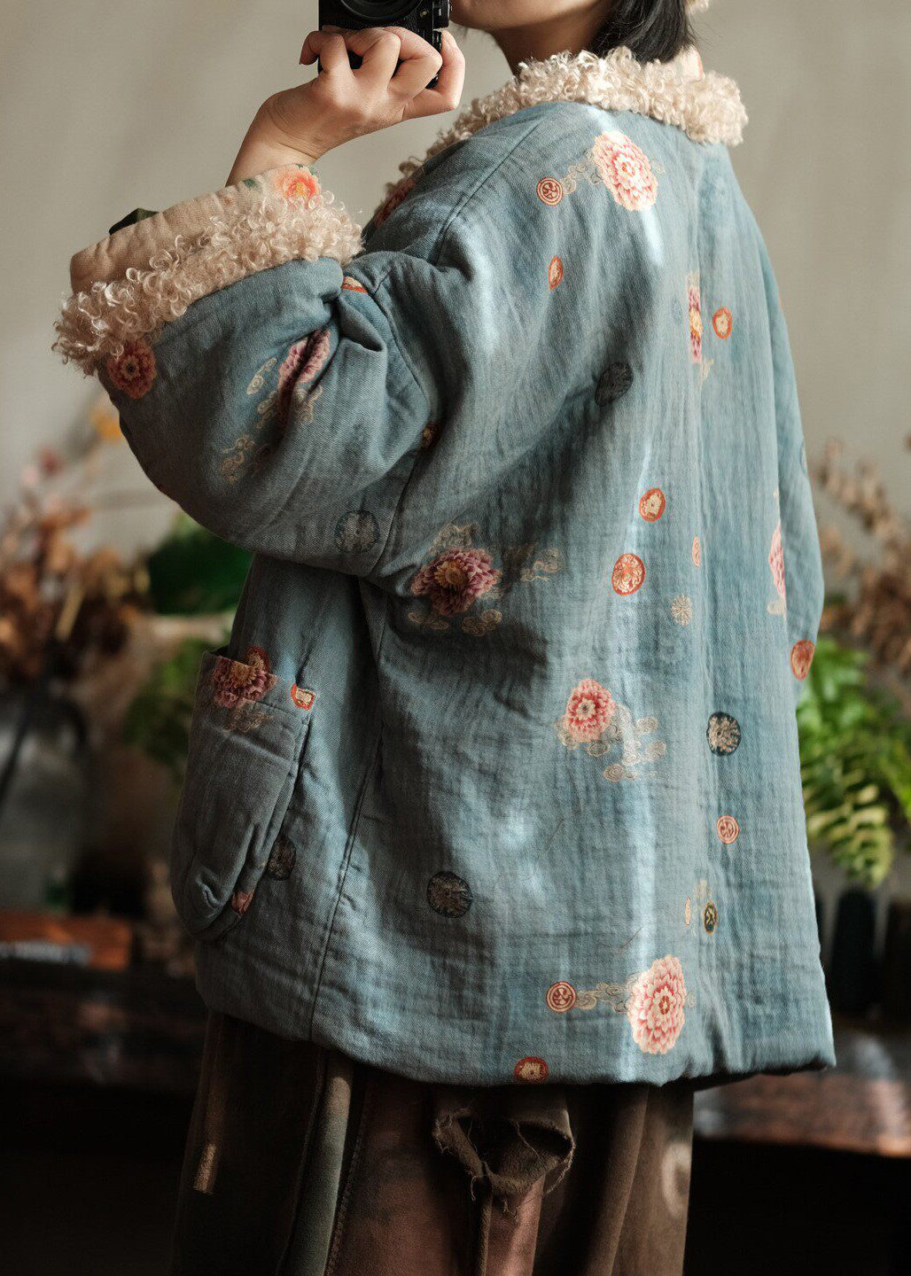 Plus Size Pockets Print Faux Fur Patchwork Fine Cotton Filled Jacket Winter