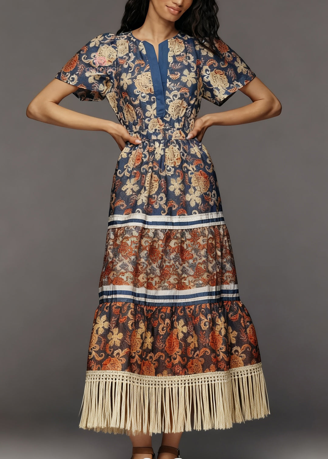 Plus Size Print Tasseled Patchwork Cotton Dress Summer