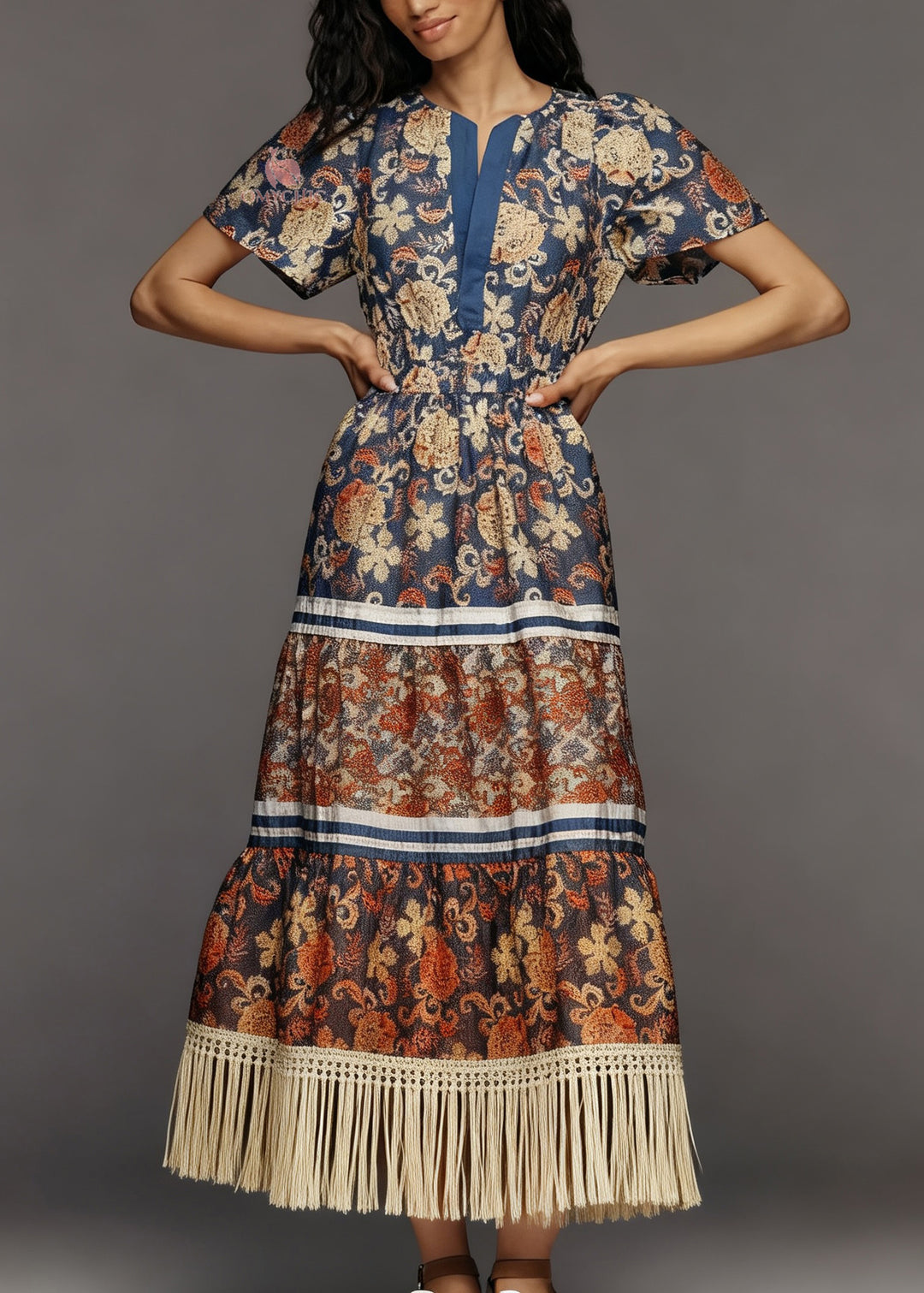 Plus Size Print Tasseled Patchwork Cotton Dress Summer