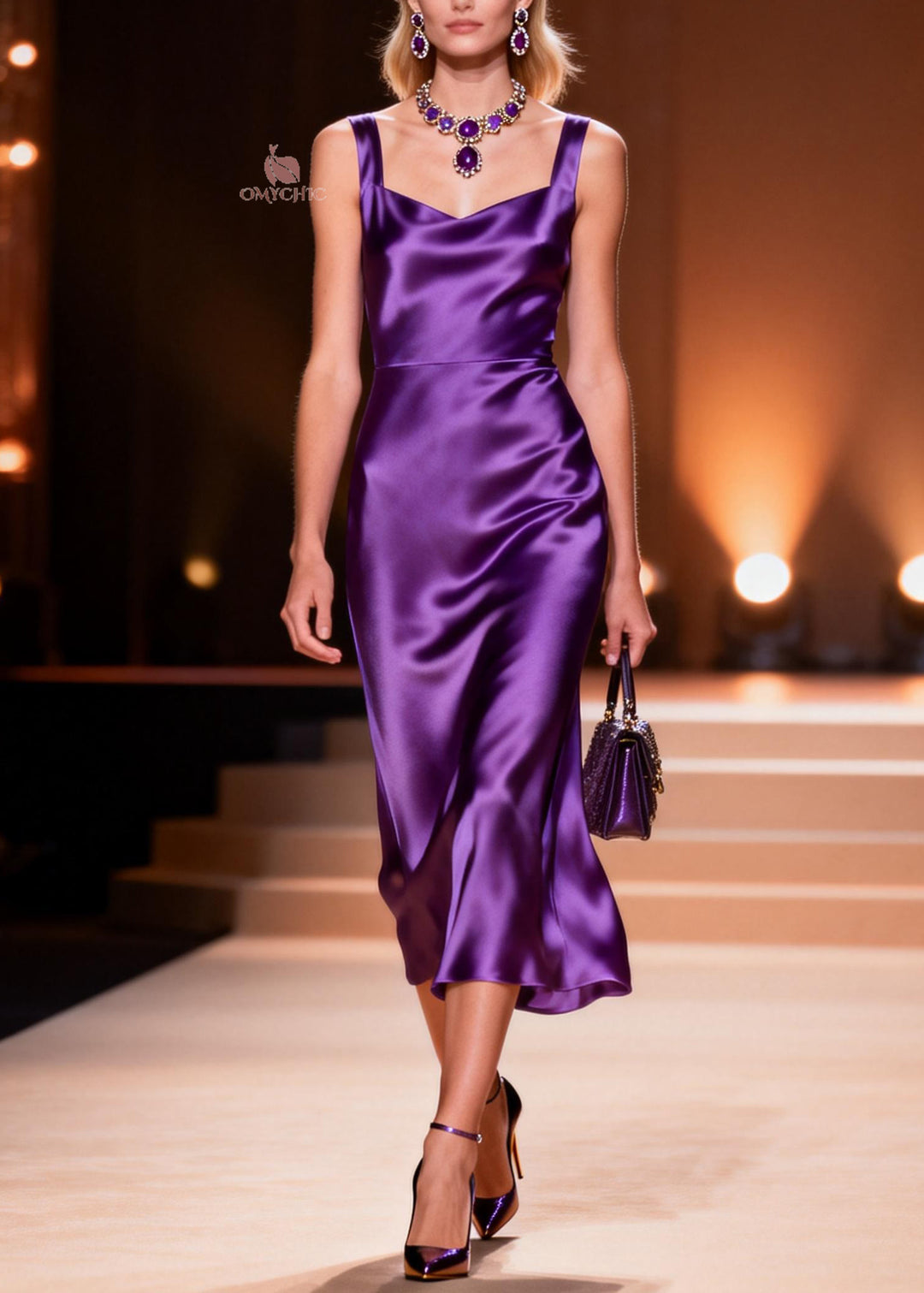 Plus Size Purple Draping Silk Spaghetti Strap Dress Summer
